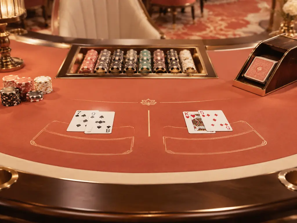 Meja baccarat dengan kartu dan sepatu pembagi