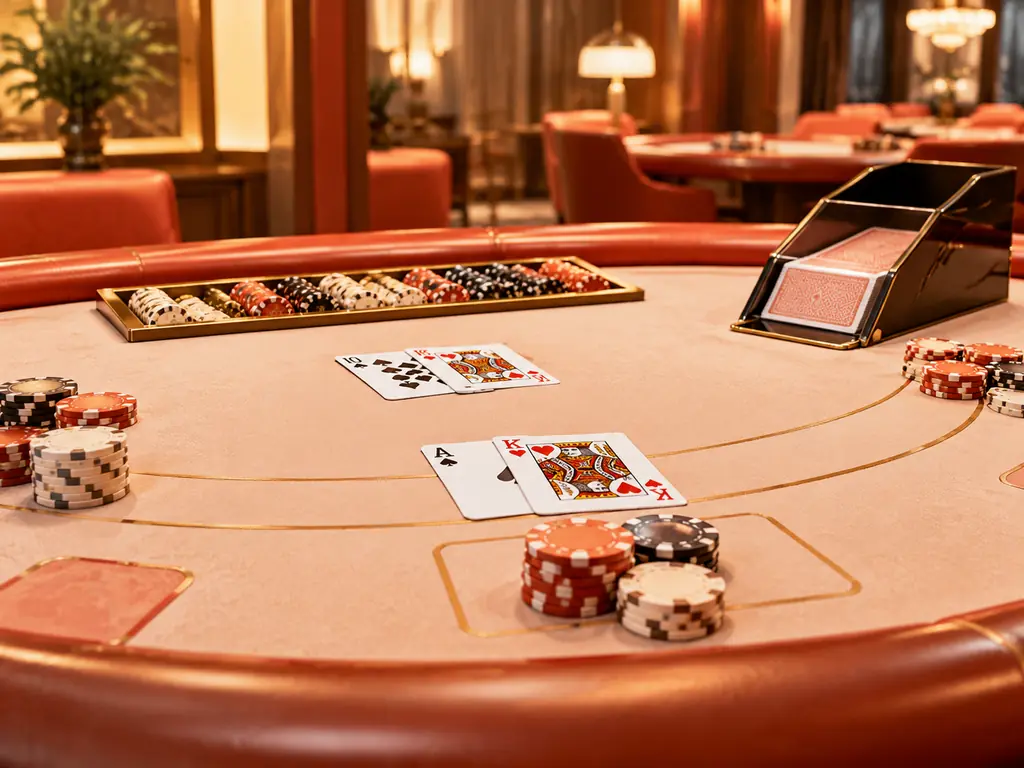 Meja blackjack dengan kartu terbuka dan cip