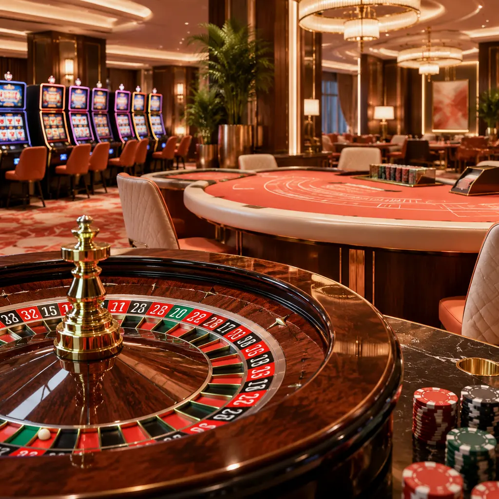 Ilustrasi suasana kasino dengan meja roulette dan meja kartu bernuansa koral