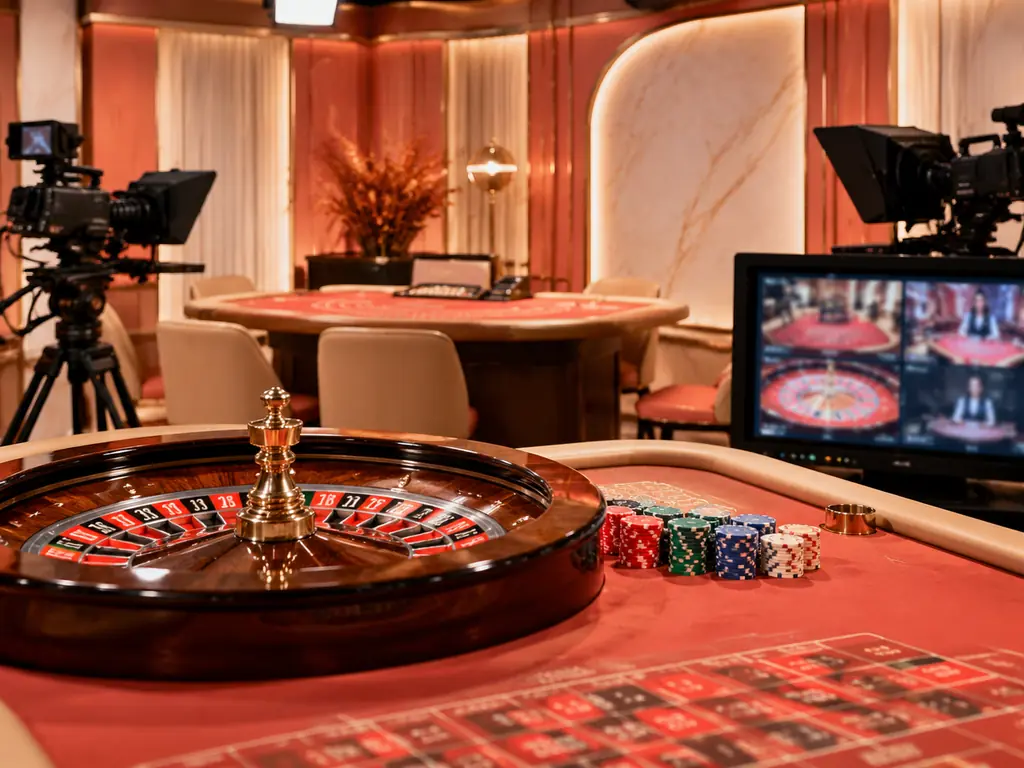 Perangkat produksi studio yang menghadap meja roulette kasino