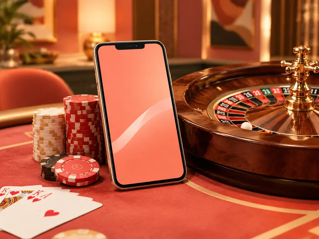 Ponsel di dekat roda roulette dan cip kasino