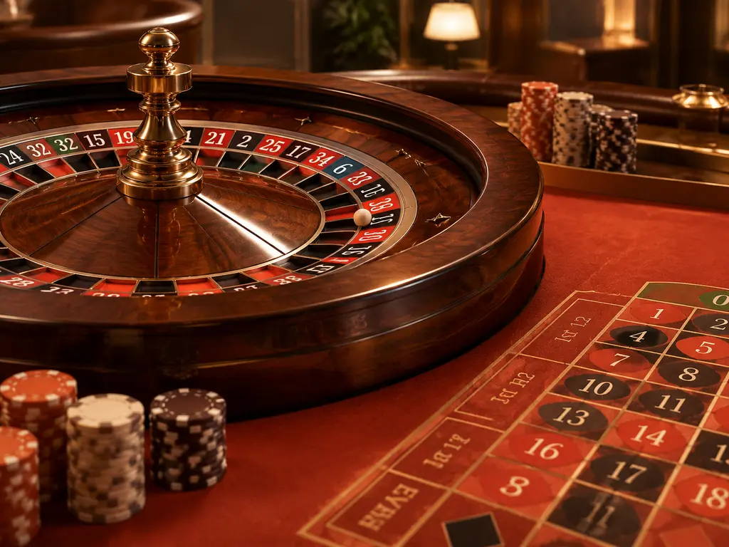 Roda roulette dan bola di atas meja kasino